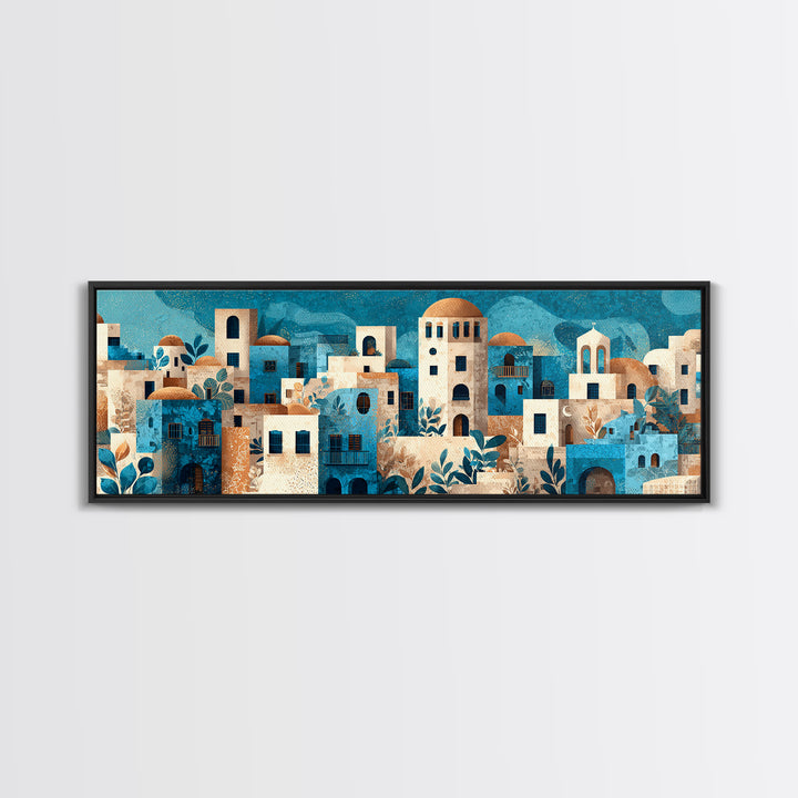 Greek Island White Buildings Above Blue Sea Canvas Print, Mediterranean Art, Landscape Painting, Living Room Decor, Azure, MAR-3x1-89