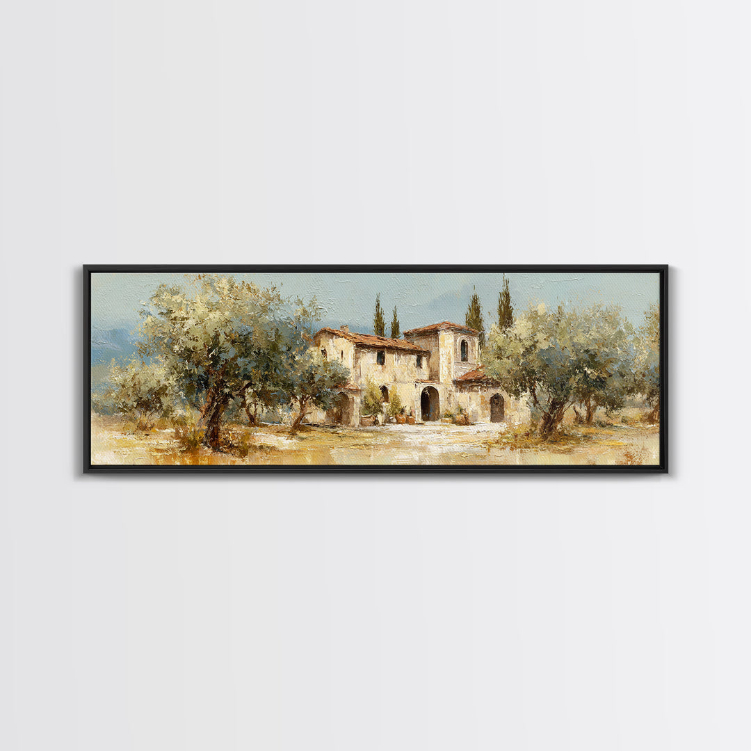 Olive Grove under Pale Morning Light Framed Canvas Print, Mediterranean Art, Oil Painting, Living Room Decor, Fine Art, Azure, MAR-3x1-9