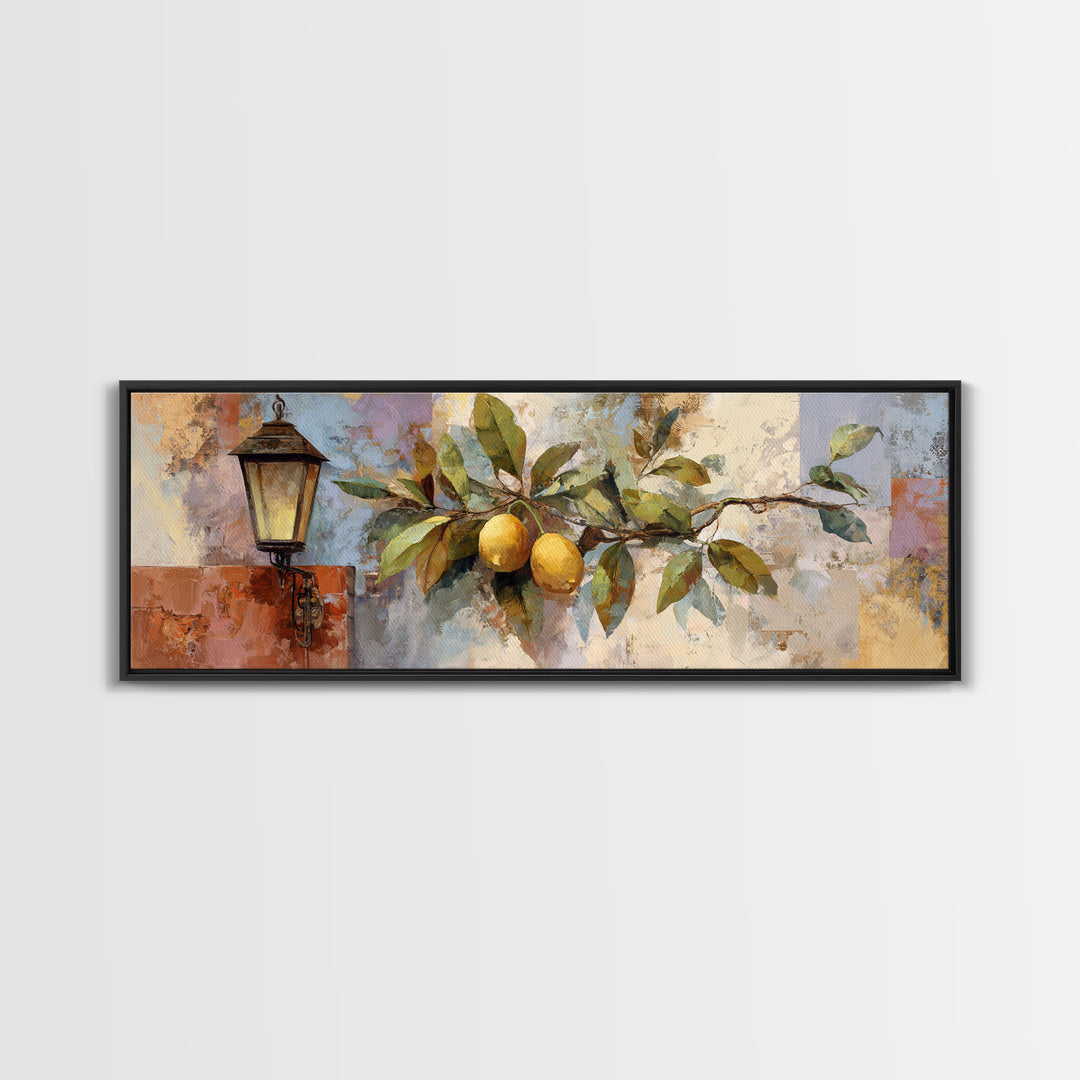 Olive Branch and Lemons on Terracotta Ground Framed Canvas Print, Mediterranean Art, Nautical Decor, Living Room Decor, Azure, MAR-3x1-90