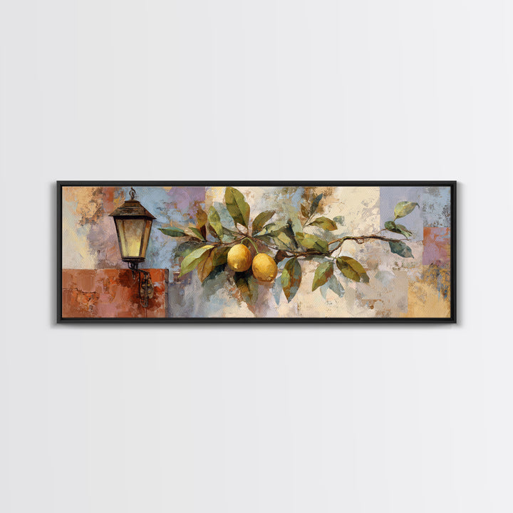 Olive Branch and Lemons on Terracotta Ground Framed Canvas Print, Mediterranean Art, Nautical Decor, Living Room Decor, Azure, MAR-3x1-90