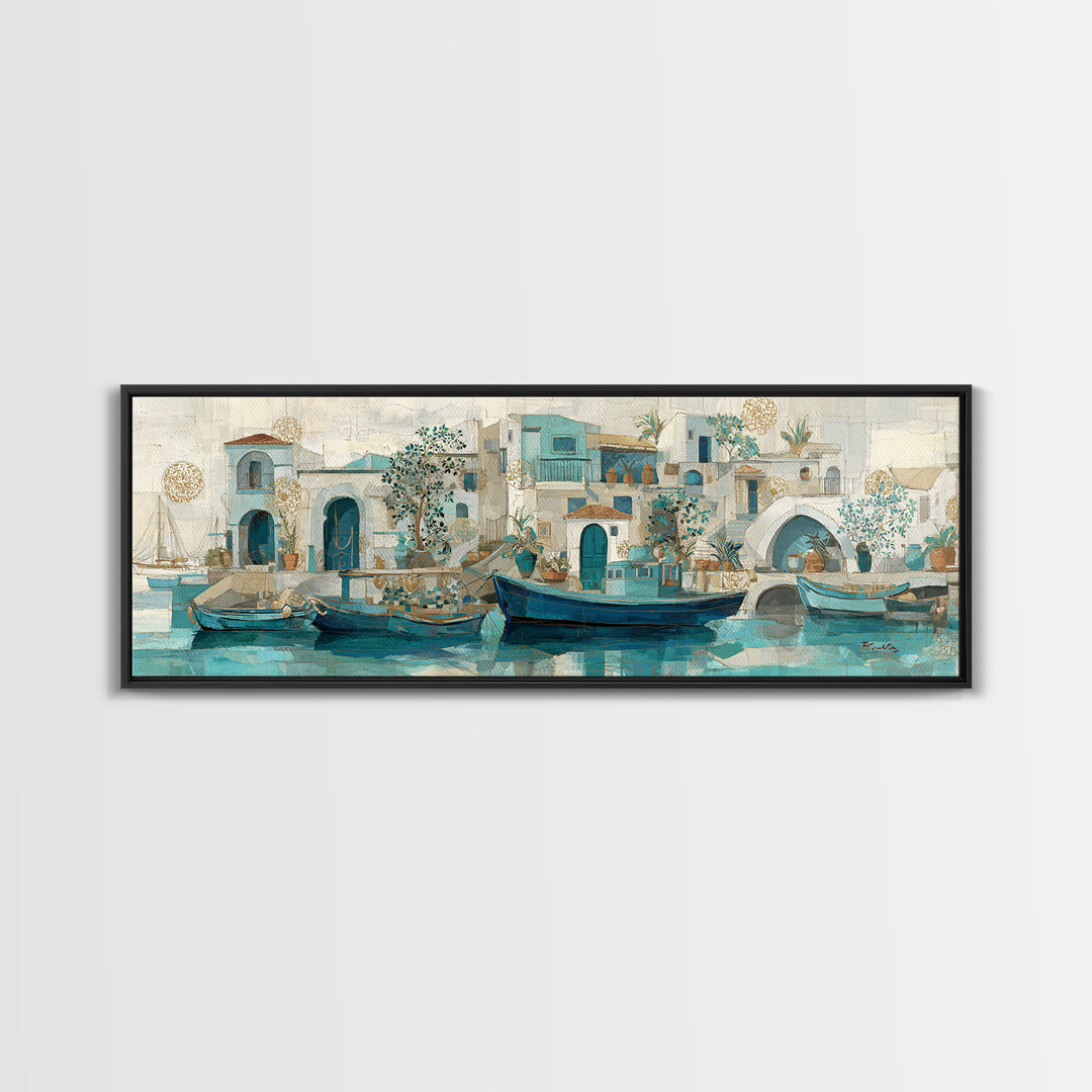 Coastal Fishing Boats Canvas Print, Mediterranean Art, Gallery Decor, Living Room Decor, Oil Painting, Azure, Minimalist Decor, MAR-3x1-95