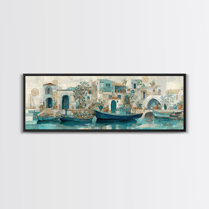 Coastal Fishing Boats Canvas Print, Mediterranean Art, Gallery Decor, Living Room Decor, Oil Painting, Azure, Minimalist Decor, MAR-3x1-95