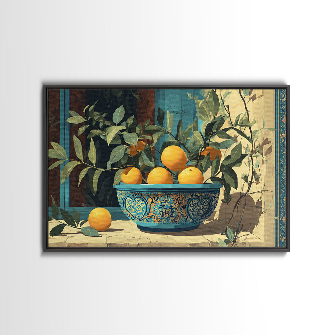 Ceramic Bowl of Oranges and Leaves Canvas Print, Mediterranean Art, Large Wall Art, Living Room Decor, Fine Art, Azure, MAR-3x2-1