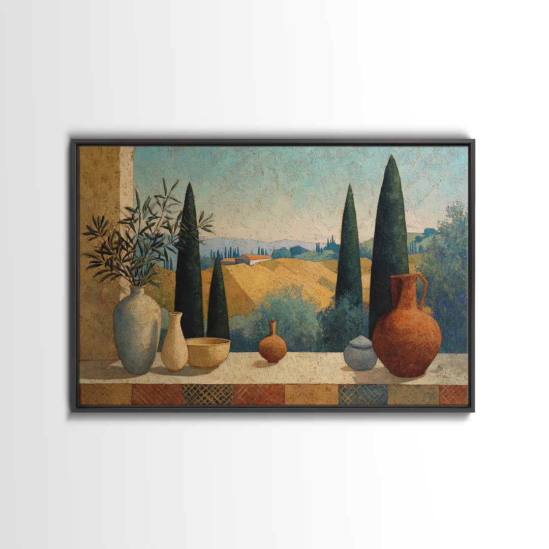 Tuscan Cypress Trees and Golden Hillside Framed Canvas Print, Mediterranean Art, Framed Wall Art, Living Room Decor, Azure, MAR-3x2-10