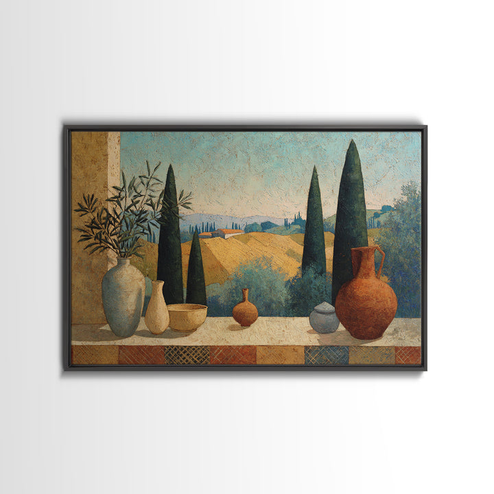 Tuscan Cypress Trees and Golden Hillside Framed Canvas Print, Mediterranean Art, Framed Wall Art, Living Room Decor, Azure, MAR-3x2-10