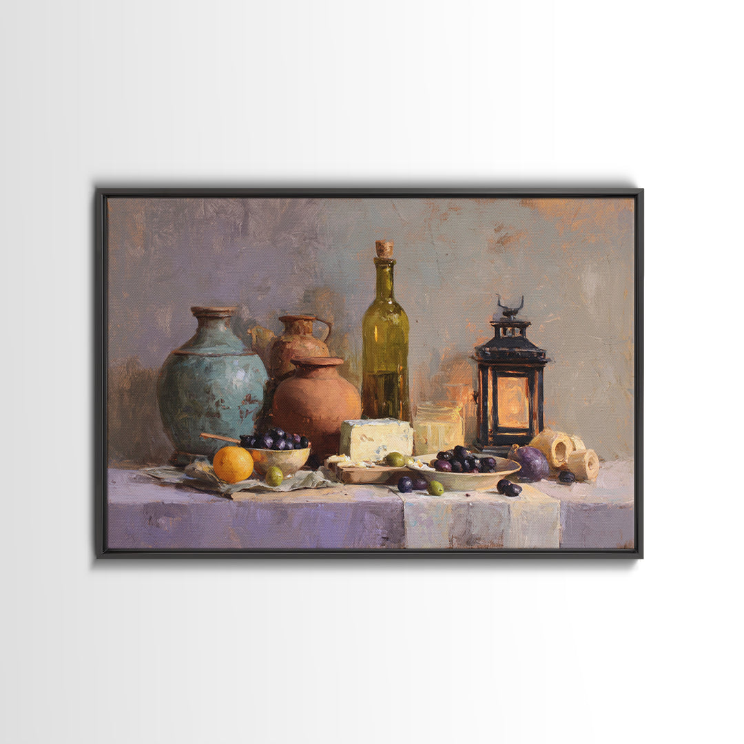 Figs Olives and Cheese Still Life Canvas Print, Mediterranean Art, Oil Painting, Living Room Decor, Azure, Nautical Decor, MAR-3x2-12
