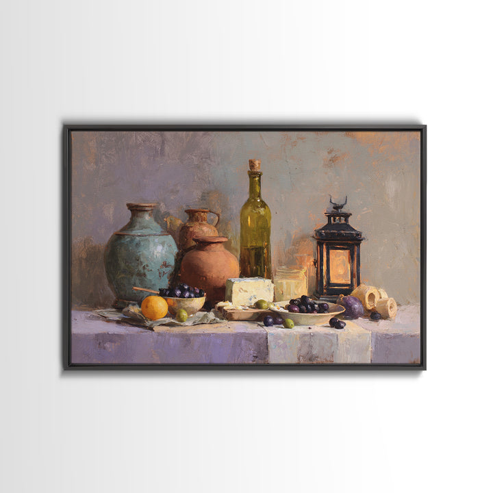Figs Olives and Cheese Still Life Canvas Print, Mediterranean Art, Oil Painting, Living Room Decor, Azure, Nautical Decor, MAR-3x2-12