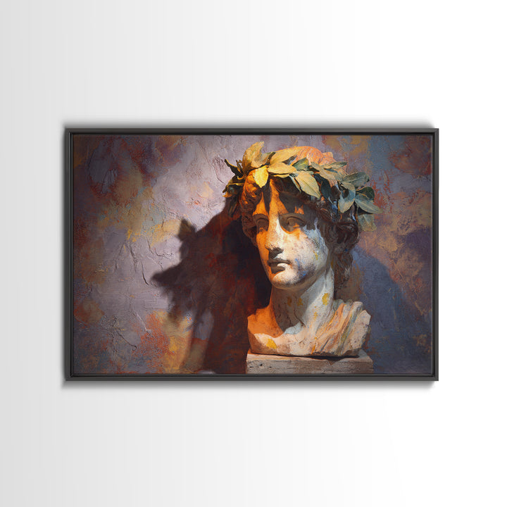 Roman Statue Bust Framed Canvas Print, Mediterranean Art, Minimalist Decor, Living Room Decor, Azure, Horizontal Wall Art, MAR-3x2-2