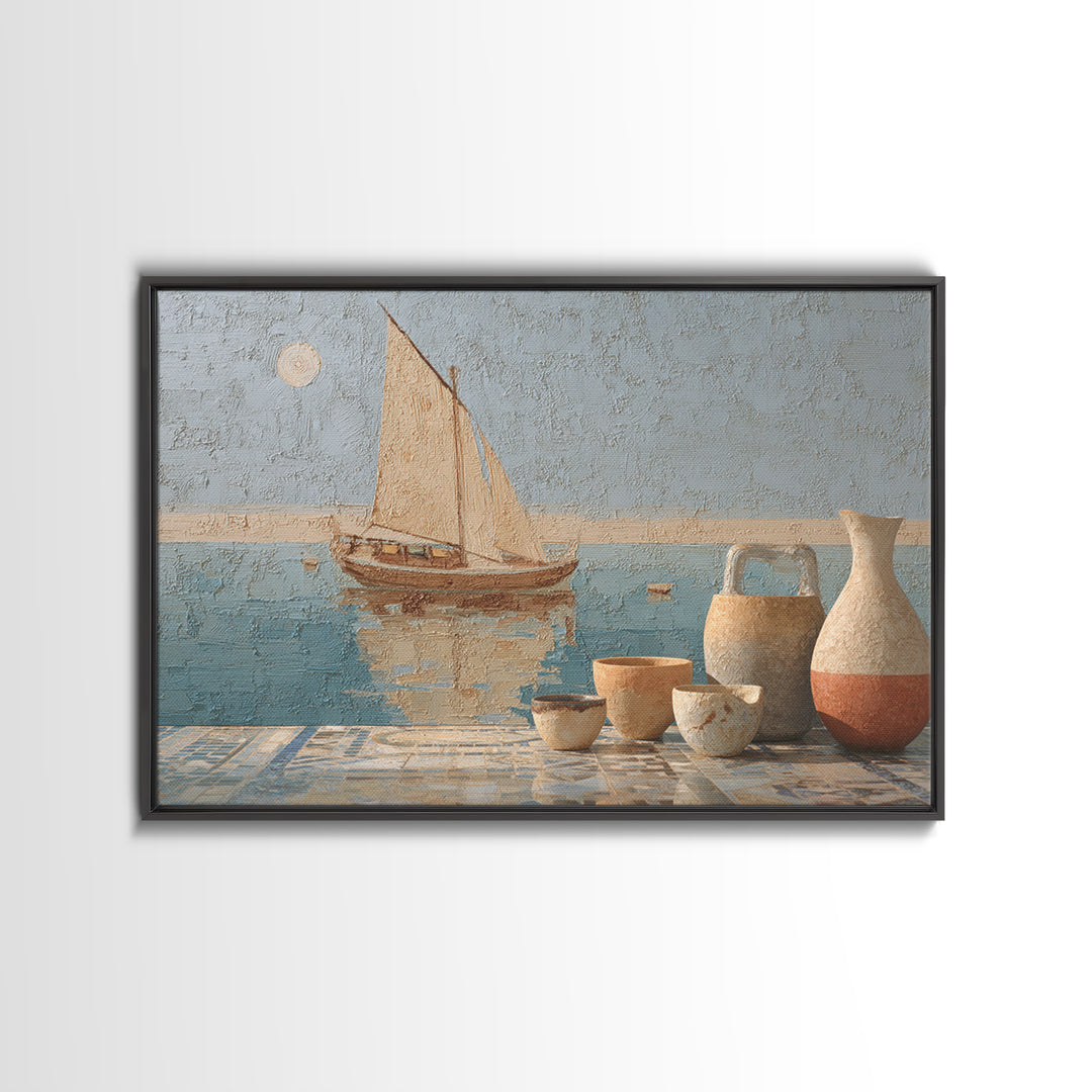 Mediterranean Sailboat on Glassy Water Canvas Print, Mediterranean Art, Oil Painting, Living Room Decor, Azure, Nautical Decor, MAR-3x2-22
