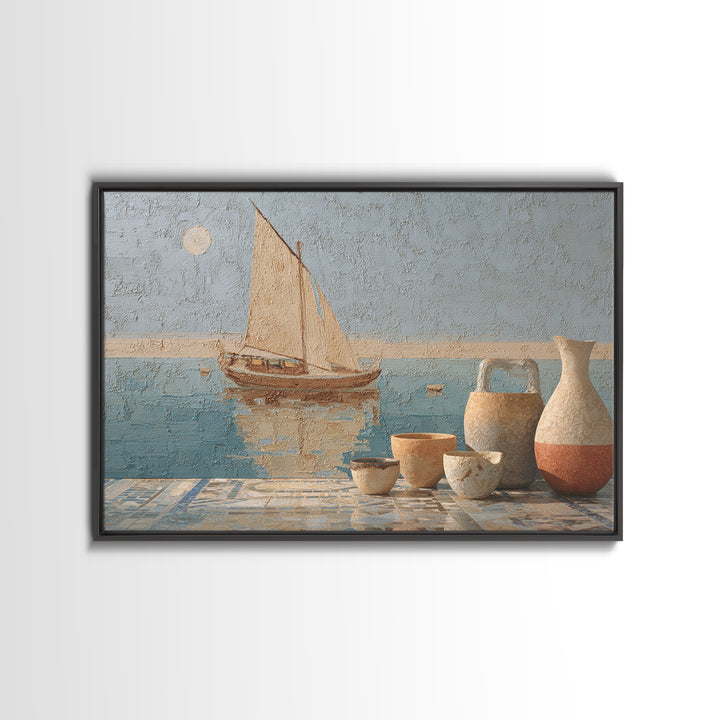 Mediterranean Sailboat on Glassy Water Canvas Print, Mediterranean Art, Oil Painting, Living Room Decor, Azure, Nautical Decor, MAR-3x2-22