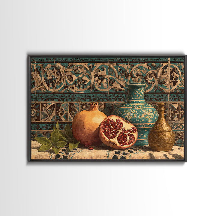 Pomegranate Still Life Framed Canvas Print, Mediterranean Art, Framed Wall Art, Living Room Decor, Azure, Watercolor Art, MAR-3x2-23