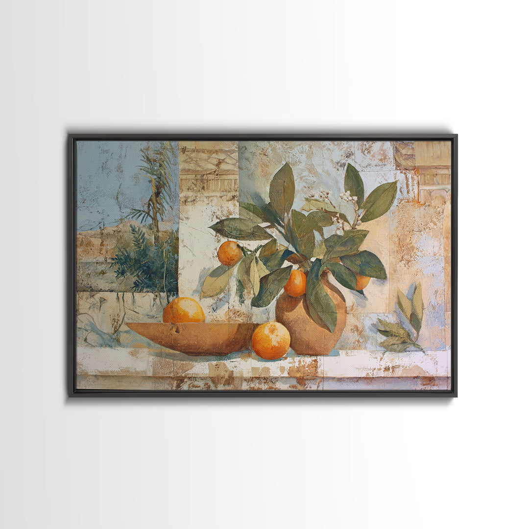 Ceramic Bowl of Oranges and Leaves Framed Canvas Print, Mediterranean Art, Horizontal Wall Art, Living Room Decor, Abstract Art, MAR-3x2-25