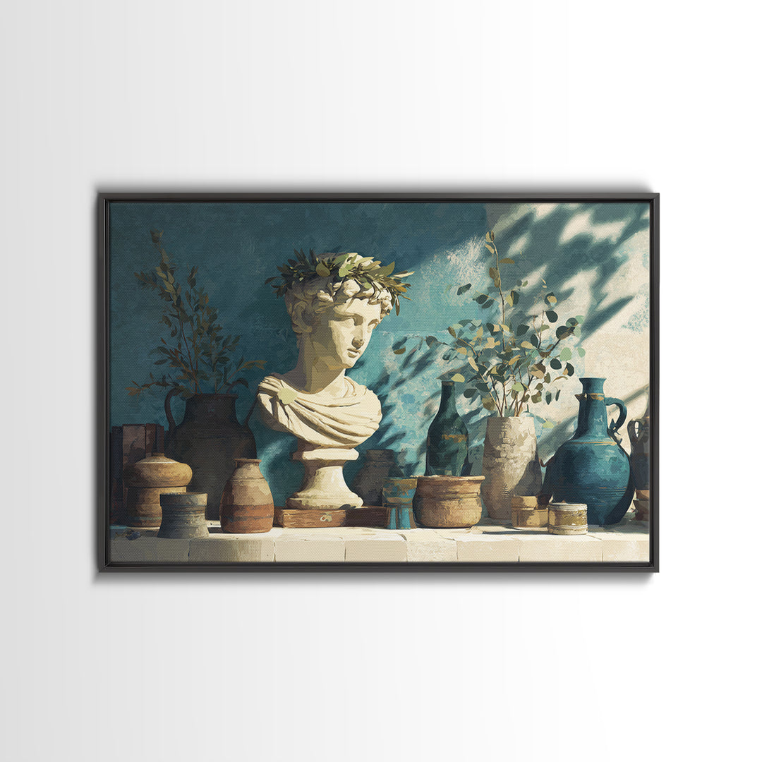 Roman Statue Bust Canvas Print, Mediterranean Art, Digital Wall Art, Living Room Decor, Watercolor Art, Azure, Coastal Wall Art, MAR-3x2-26