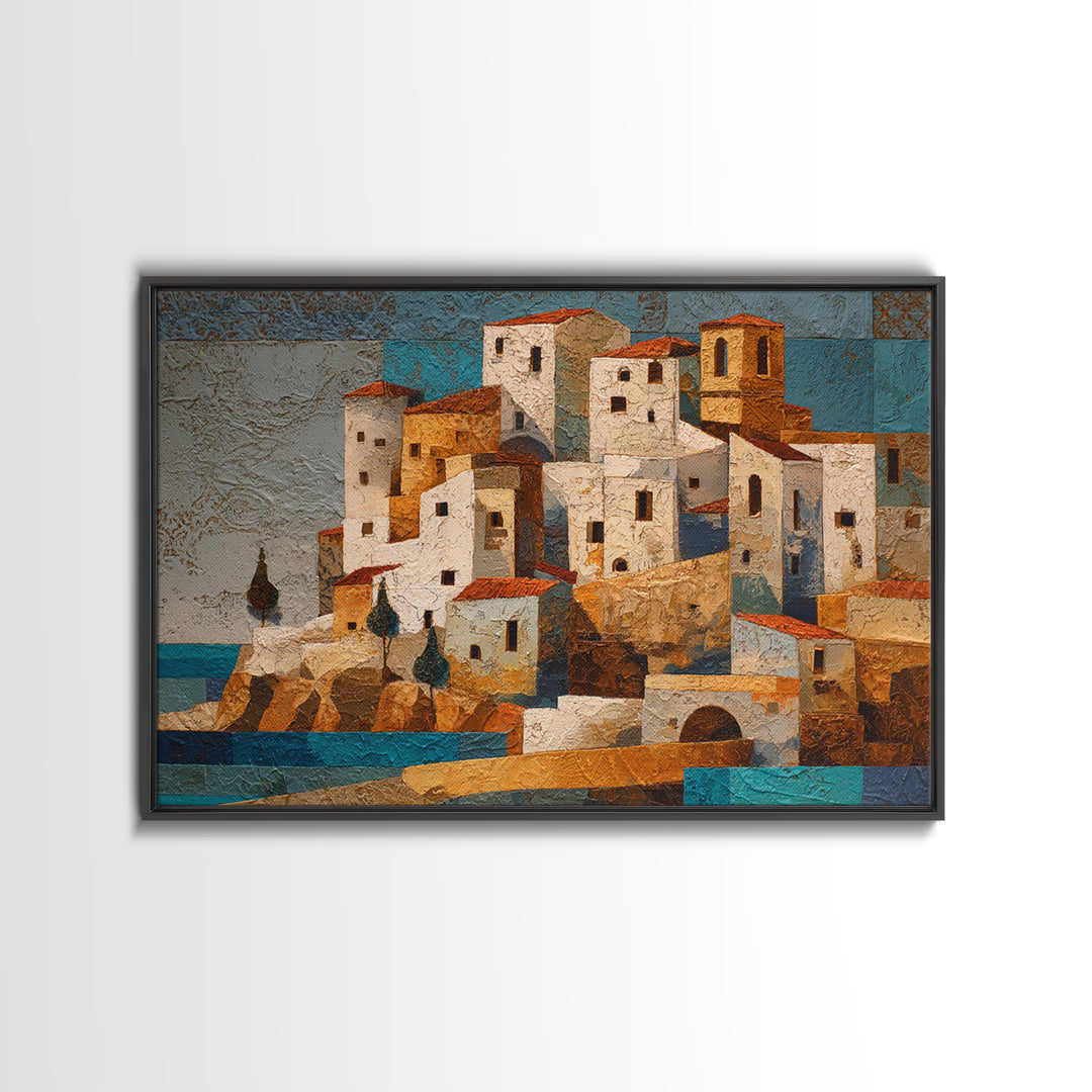 Greek Island White Buildings Above Blue Sea Canvas Print, Mediterranean Art, Digital Art Prints, Living Room Decor, Azure, MAR-3x2-29