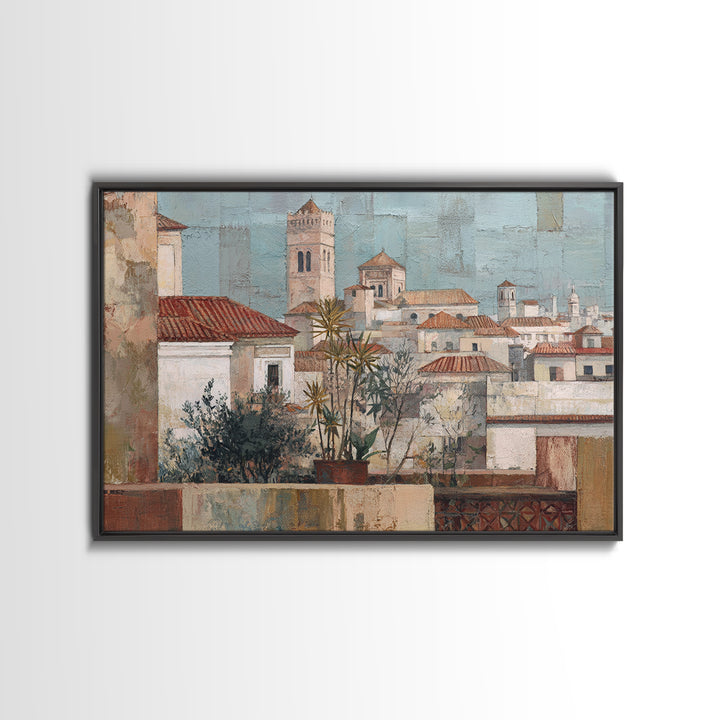 Sunset over Red Tiled Rooftops Canvas Print, Mediterranean Art, Original Painting, Living Room Decor, Fine Art, Azure, MAR-3x2-3
