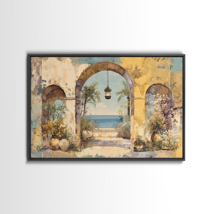 Mediterranean Arch Framing Ocean Horizon Canvas Print, Mediterranean Art, Modern Wall Art, Living Room Decor, Azure, MAR-3x2-31