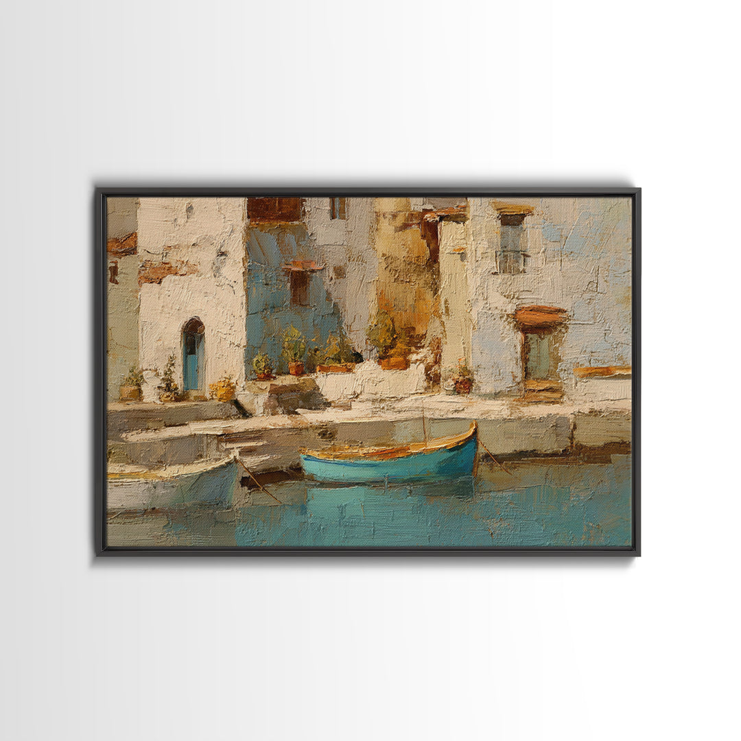 Coastal Fishing Boats Framed Canvas Print, Mediterranean Art, Nautical Decor, Living Room Decor, Azure, Coastal Wall Decor, MAR-3x2-35
