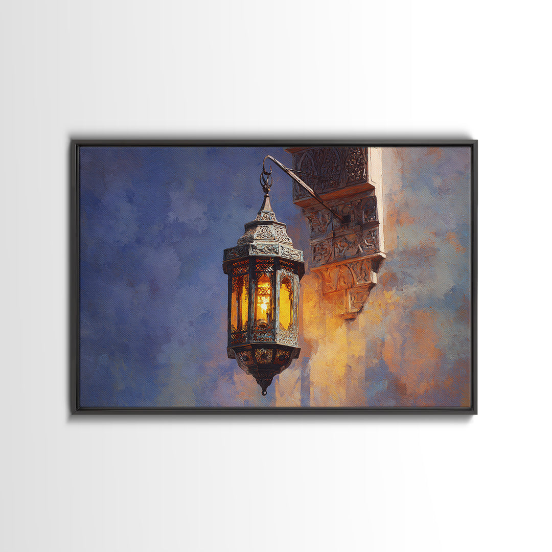 Moroccan Influenced Lantern Canvas Print, Mediterranean Art, Modern Wall Art, Living Room Decor, Oil Painting, Azure, MAR-3x2-37