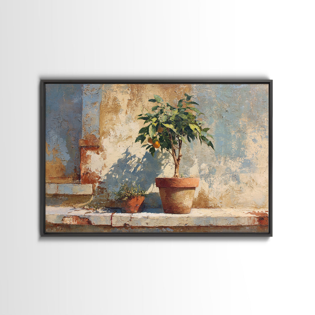 Citrus Tree in Clay Pot Canvas Print, Mediterranean Art, Digital Print, Living Room Decor, Fine Art, Azure, Coastal Decor, MAR-3x2-38