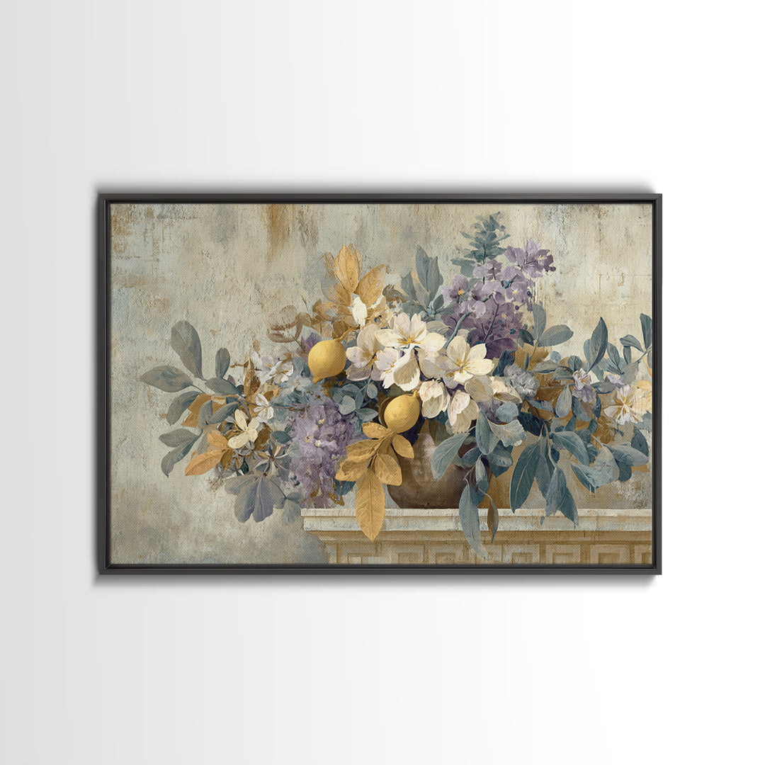 Greek Vase Modern Floral Design Canvas Print, Mediterranean Art, Digital Art Prints, Living Room Decor, Fine Art, Azure, MAR-3x2-43