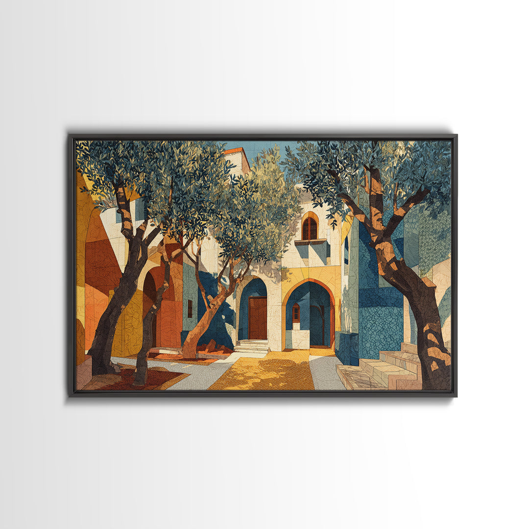 Olive Grove under Pale Morning Light Framed Canvas Print, Mediterranean Art, Nautical Decor, Living Room Decor, Fine Art, Azure, MAR-3x2-45