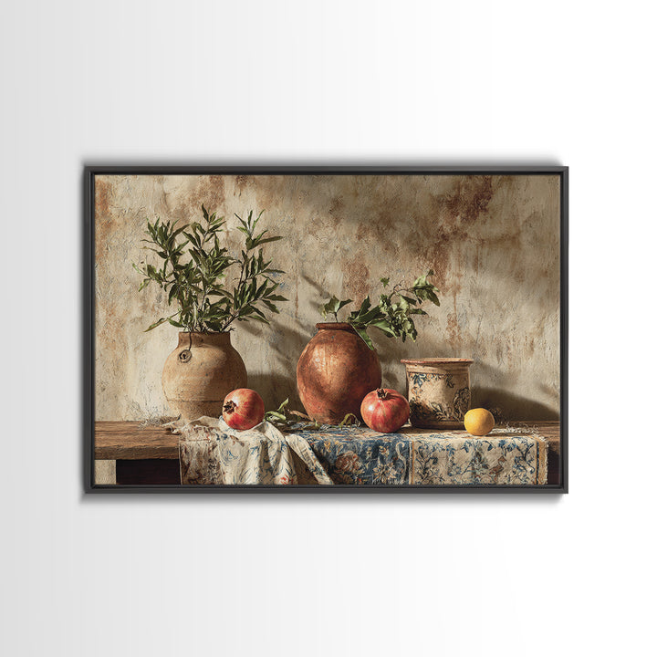 Pomegranate Still Life Framed Canvas Print, Mediterranean Art, Living Room Art, Living Room Decor, Oil Painting, Azure, MAR-3x2-47