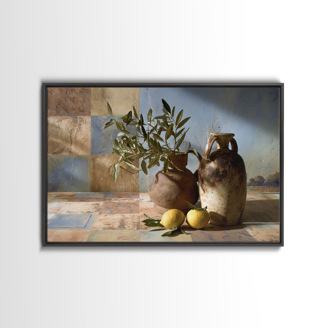 Olive Branch and Lemons on Terracotta Ground Canvas Print, Mediterranean Art, Horizontal Wall Art, Living Room Decor, Azure, MAR-3x2-54