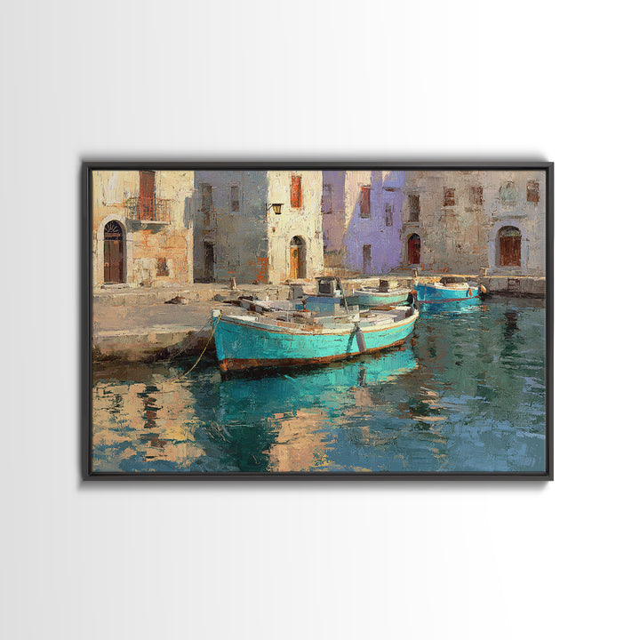 Coastal Fishing Boats Framed Canvas Print, Mediterranean Art, Beach Prints, Living Room Decor, Oil Painting, Azure, Art Print, MAR-3x2-59