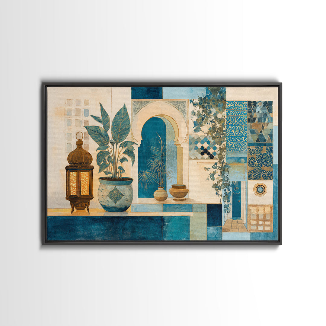 Moroccan Influenced Lantern Canvas Print, Mediterranean Art, Modern Wall Art, Living Room Decor, Oil Painting, Azure, MAR-3x2-61