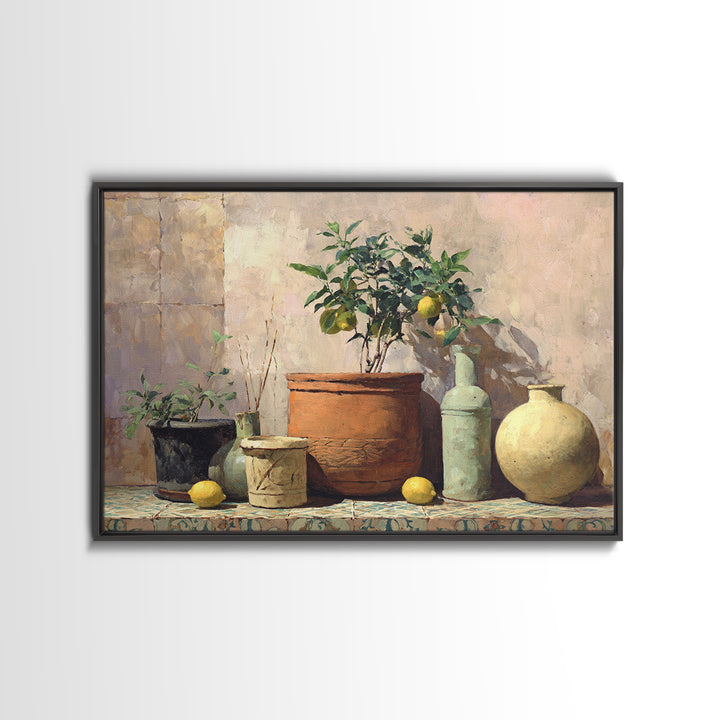 Citrus Tree in Clay Pot Canvas Print, Mediterranean Art, Digital Print, Living Room Decor, Fine Art, Azure, Coastal Decor, MAR-3x2-62
