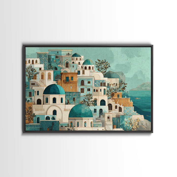 Greek Island White Buildings Above Blue Sea Framed Canvas Print, Mediterranean Art, Coastal Art, Living Room Decor, Azure, MAR-3x2-77