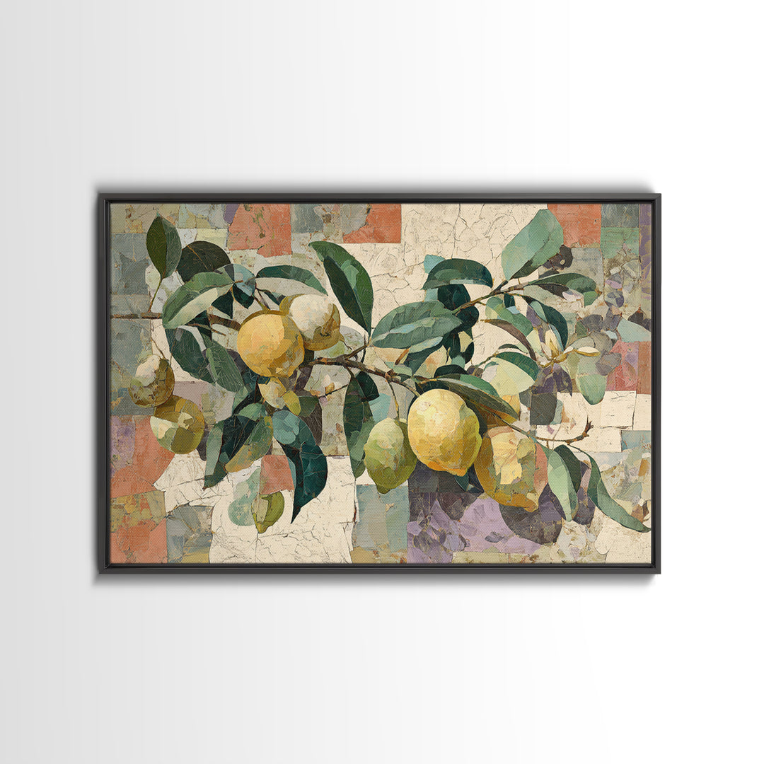 Olive Branch and Lemons on Terracotta Ground Canvas Print, Mediterranean Art, Coastal Wall Art, Living Room Decor, Azure, MAR-3x2-78