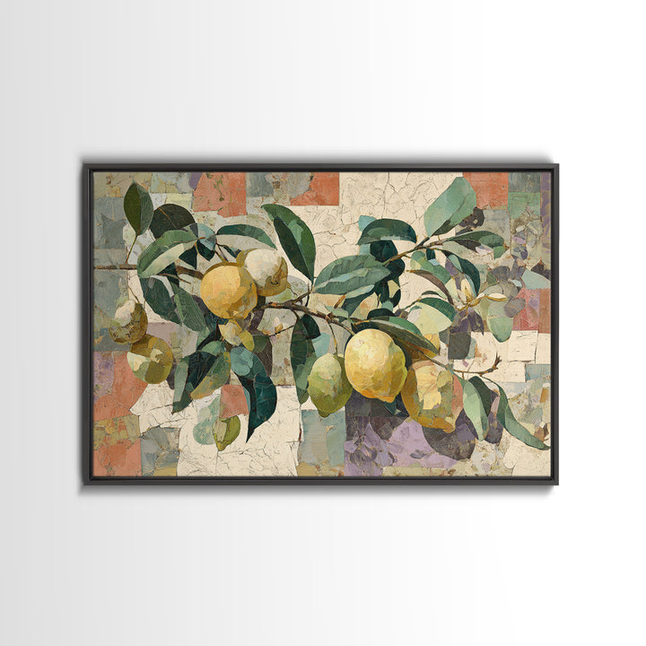 Olive Branch and Lemons on Terracotta Ground Canvas Print, Mediterranean Art, Coastal Wall Art, Living Room Decor, Azure, MAR-3x2-78
