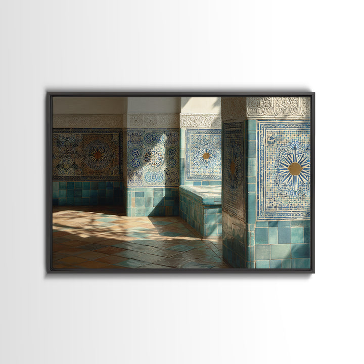 Blue and White Tile Pattern Framed Canvas Print, Mediterranean Art, Original Painting, Living Room Decor, Oil Painting, Azure, MAR-3x2-8