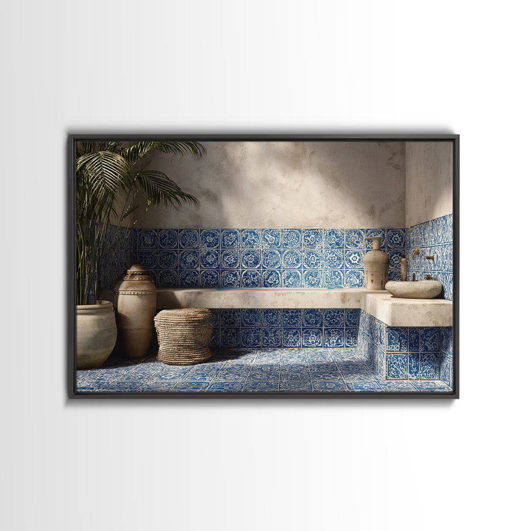 Blue and White Tile Pattern Framed Canvas Print, Mediterranean Art, Landscape Wall Art, Living Room Decor, Watercolor Art, MAR-3x2-80