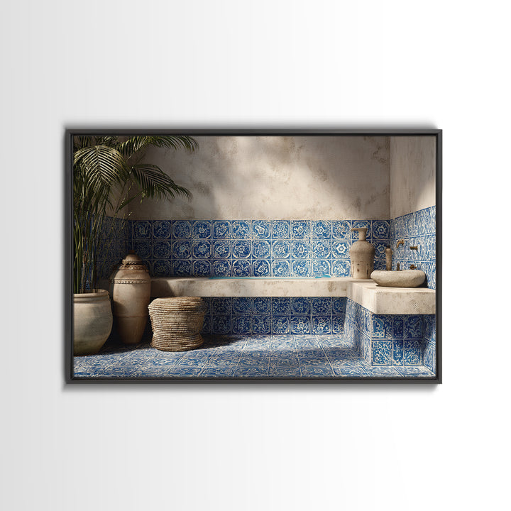 Blue and White Tile Pattern Framed Canvas Print, Mediterranean Art, Landscape Wall Art, Living Room Decor, Watercolor Art, MAR-3x2-80