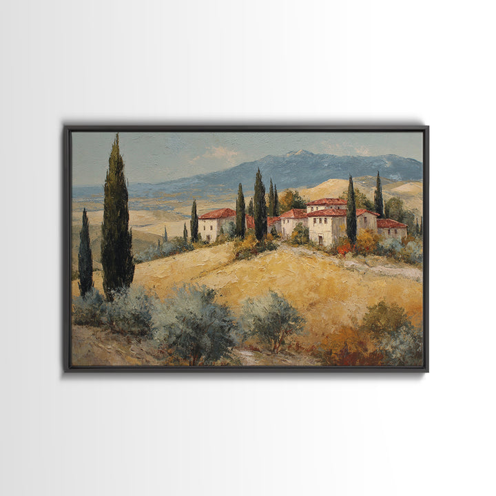 Tuscan Cypress Trees and Golden Hillside Canvas Print, Mediterranean Art, Digital Art Prints, Living Room Decor, Azure, MAR-3x2-82