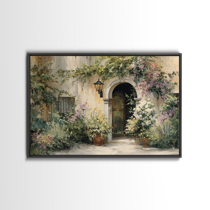 Sunlit Courtyard Doorway Framed Canvas Print, Mediterranean Art, Landscape Painting, Living Room Decor, Fine Art, Azure, MAR-3x2-87
