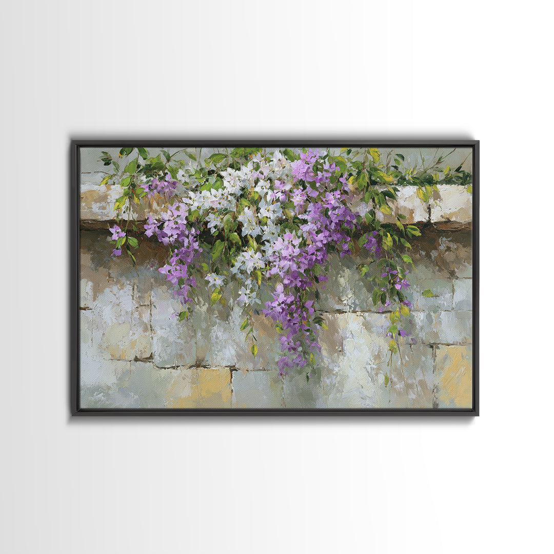 Bougainvillea Cascading over Stone Wall Framed Canvas Print, Mediterranean Art, Digital Print, Living Room Decor, Azure, MAR-3x2-9