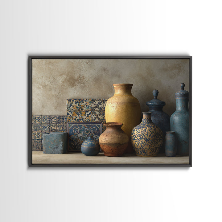 Spanish Tile Ornament Framed Canvas Print, Mediterranean Art, Coastal Wall Decor, Living Room Decor, Fine Art, Azure, MAR-3x2-92