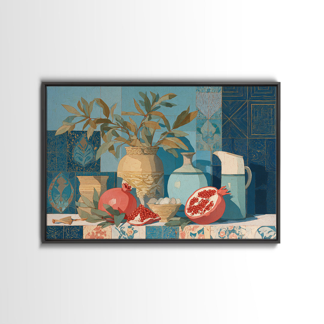 Pomegranate Still Life Framed Canvas Print, Mediterranean Art, Travel Poster, Living Room Decor, Fine Art, Azure, MAR-3x2-95