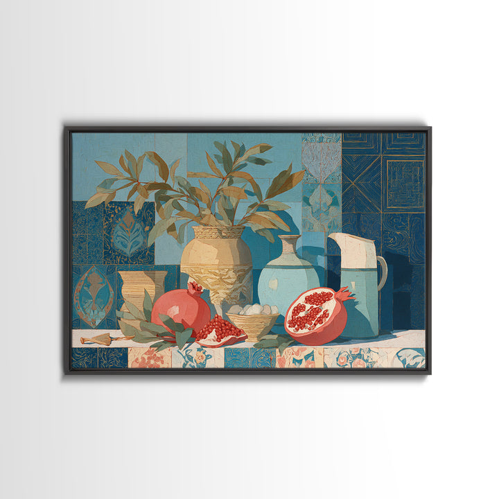 Pomegranate Still Life Framed Canvas Print, Mediterranean Art, Travel Poster, Living Room Decor, Fine Art, Azure, MAR-3x2-95