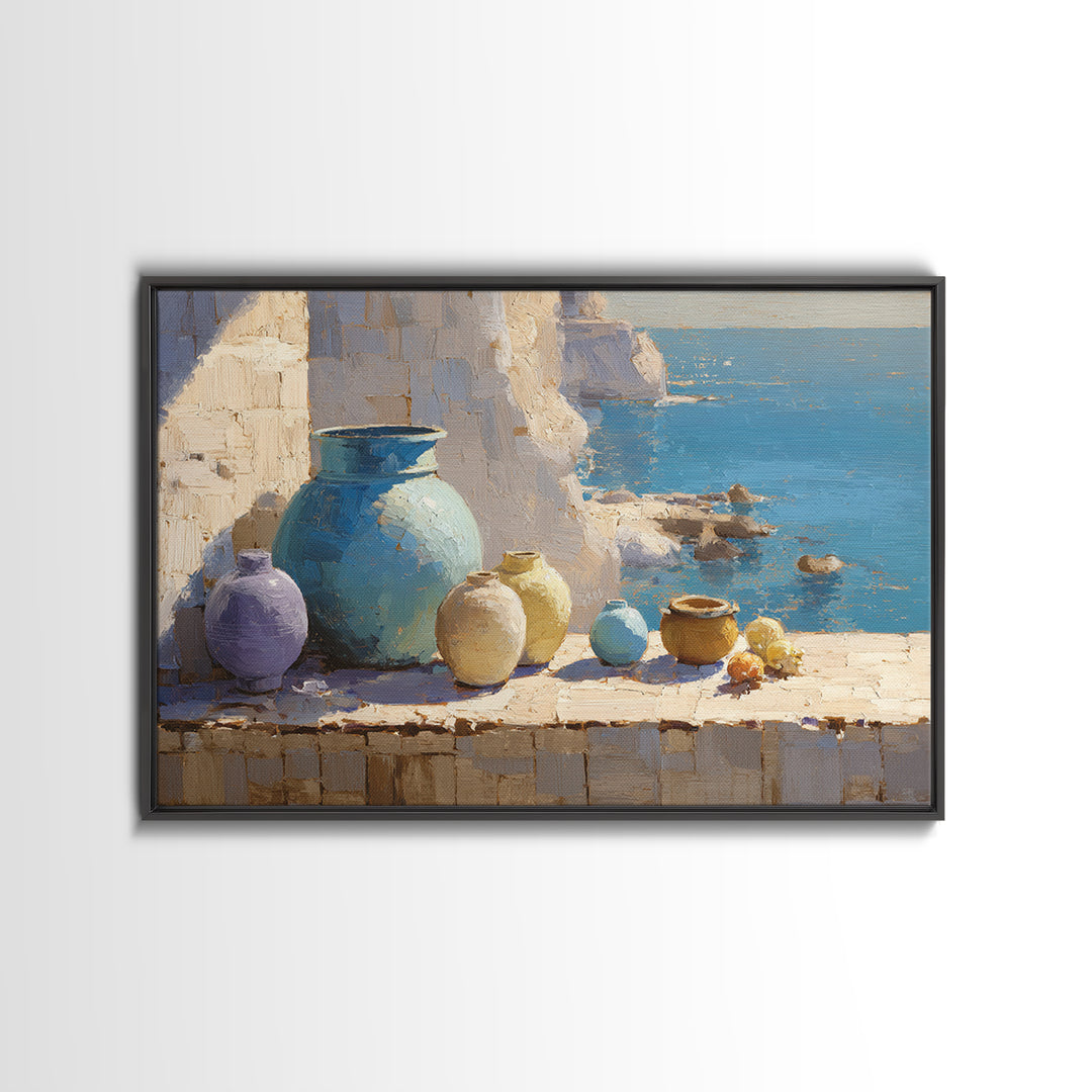 Coastal Cliffs with Sparkling Blue Water Framed Canvas Print, Mediterranean Art, Living Room Art, Living Room Decor, Azure, MAR-3x2-96
