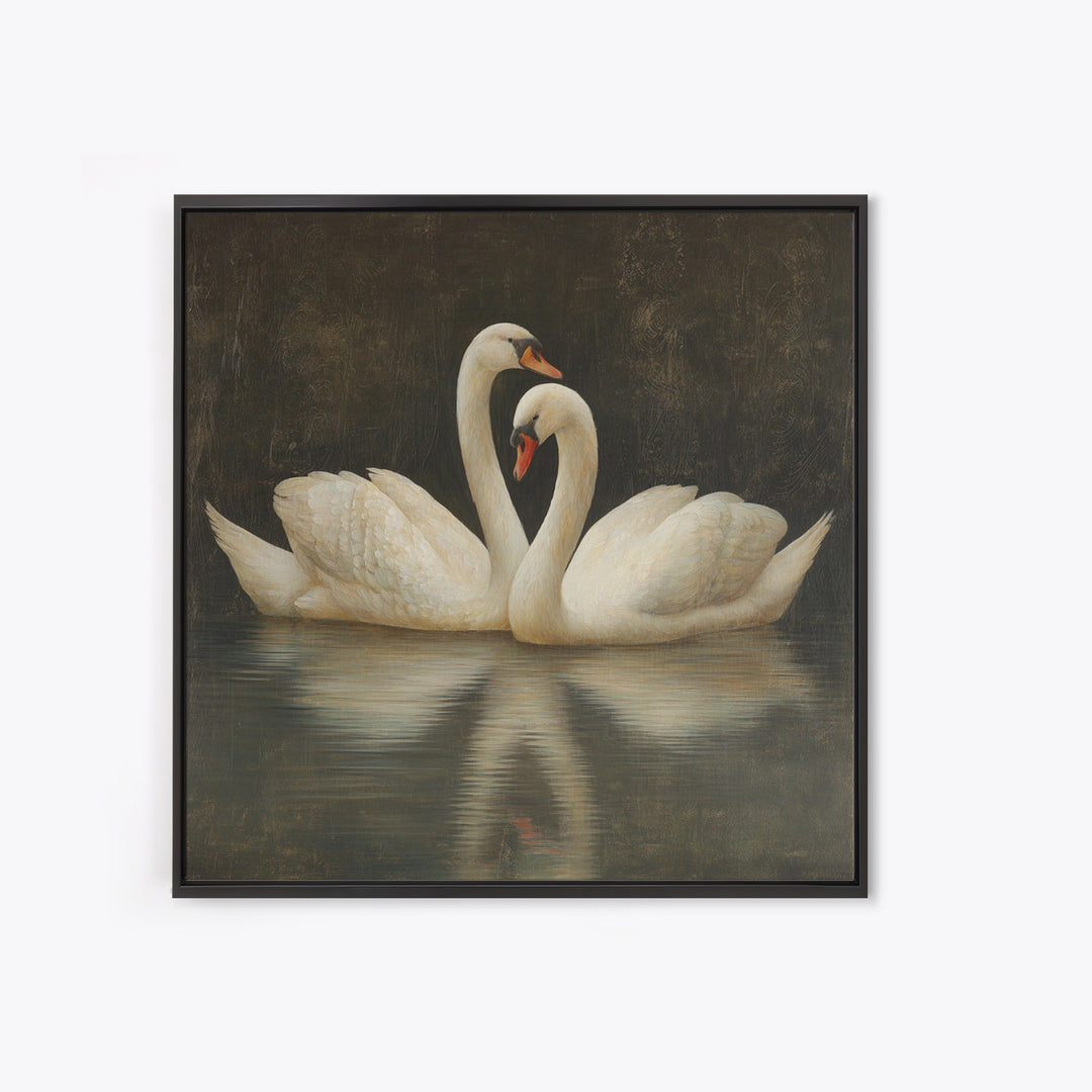 Romantic Swan Pair on Dark Water Canvas Print, Master Bedroom, Farmhouse Wall Decor, Bedroom Decor, Oil Painting, Sanctuary, MAS-1x1-15