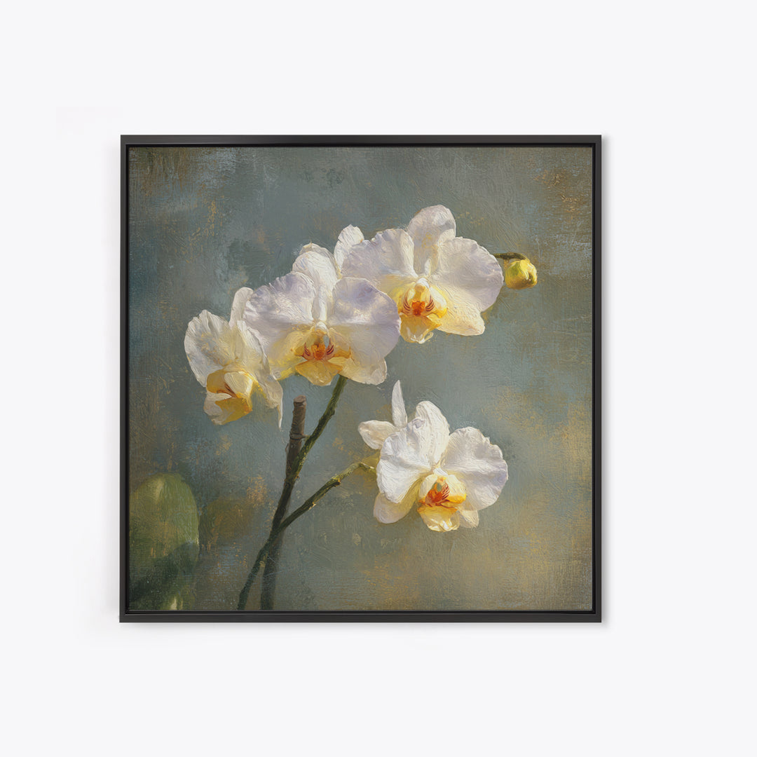 White Orchids Against Warm Gray Background Framed Canvas Print, Master Bedroom, Bedroom Decor, Abstract Art, Sanctuary, MAS-1x1-33