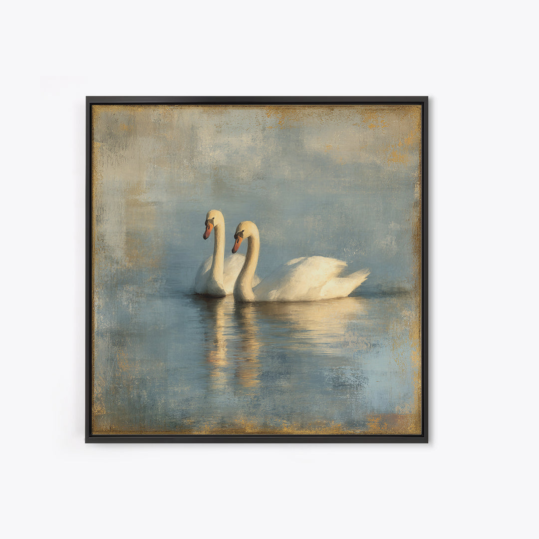 Romantic Swan Pair on Dark Water Framed Canvas Print, Master Bedroom, Living Room Prints, Bedroom Decor, Fine Art, Sanctuary, MAS-1x1-39