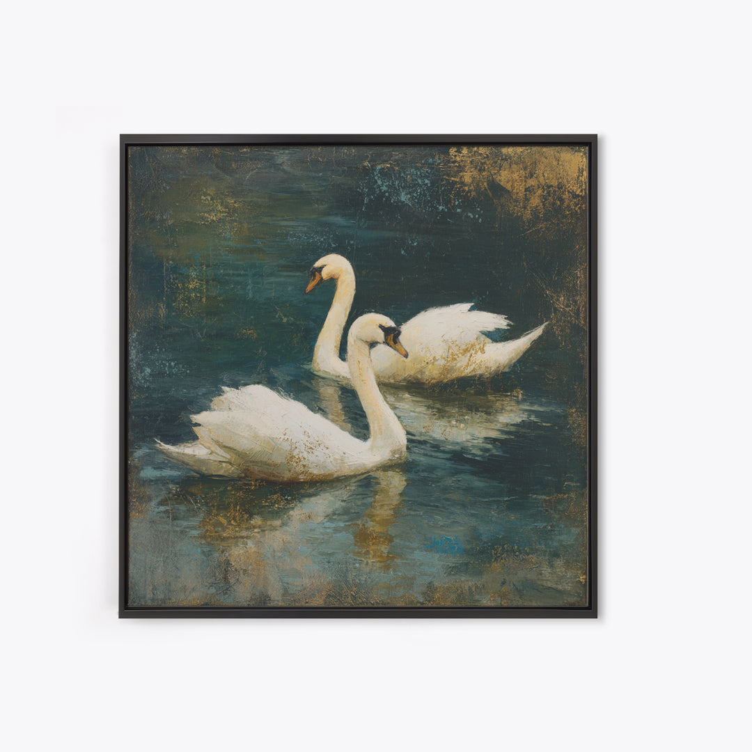 Romantic Swan Pair on Dark Water Framed Canvas Print, Master Bedroom, Neutral Decor, Bedroom Decor, Fine Art, Sanctuary, MAS-1x1-63