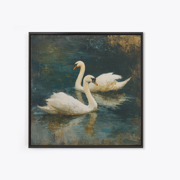 Romantic Swan Pair on Dark Water Framed Canvas Print, Master Bedroom, Neutral Decor, Bedroom Decor, Fine Art, Sanctuary, MAS-1x1-63