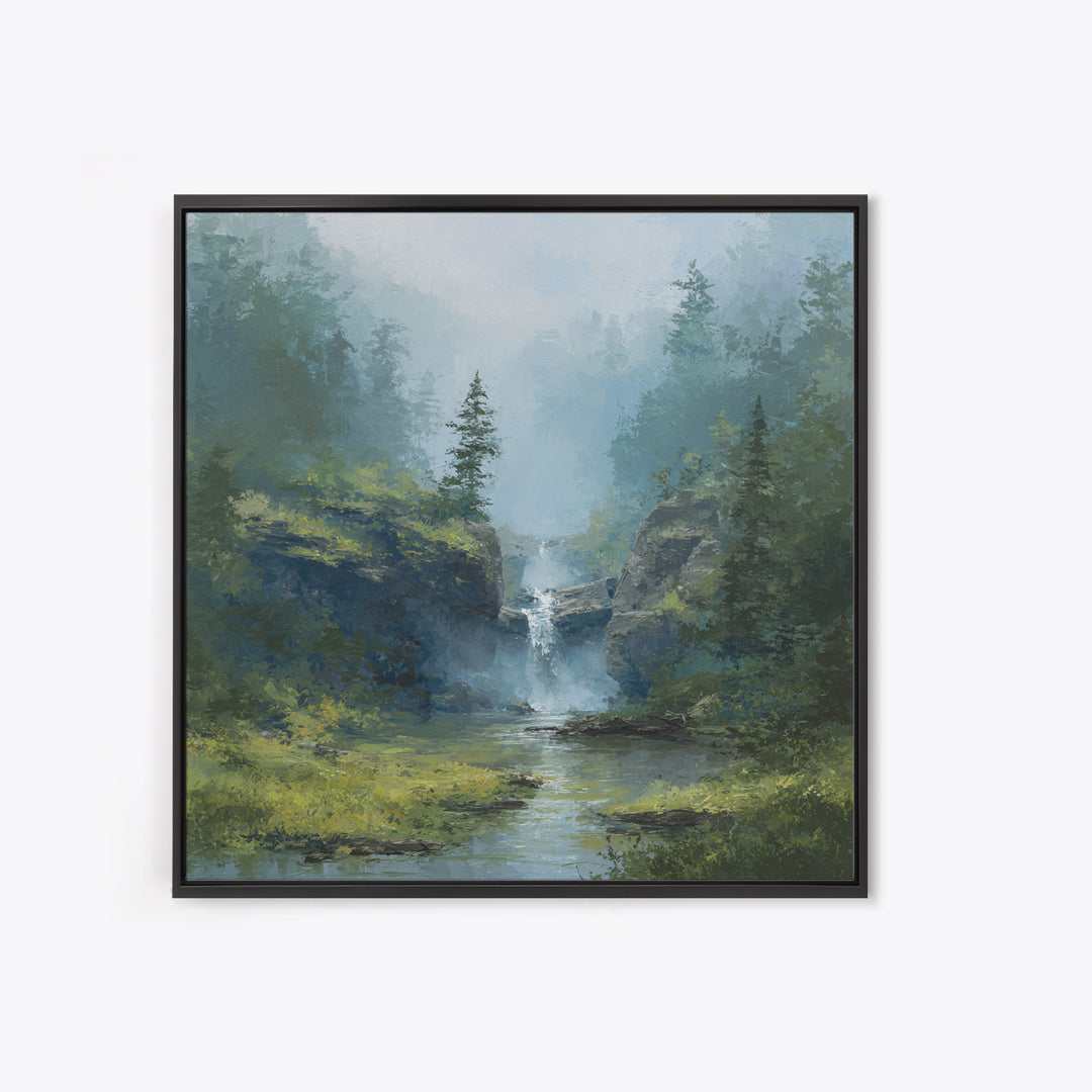 Peaceful Waterfall in Misty Green Forest Framed Canvas Print, Master Bedroom, Modern Decor, Bedroom Decor, Fine Art, Sanctuary, MAS-1x1-67