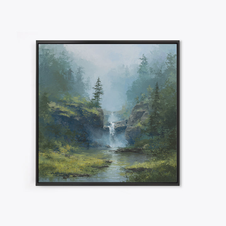 Peaceful Waterfall in Misty Green Forest Framed Canvas Print, Master Bedroom, Modern Decor, Bedroom Decor, Fine Art, Sanctuary, MAS-1x1-67